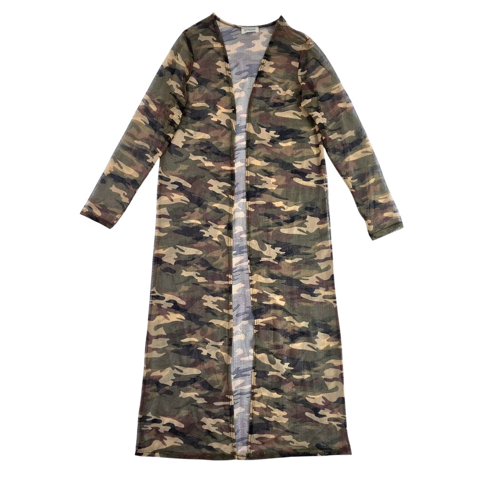 Beware Camo Mesh Duster Women Large Green EUC Sheer Longline Layering Cardigan